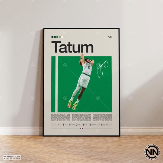 Jayson Tatum Poster, Boston Celtics Poster, Sports Poster, Mid Century Modern, Basketball Gift, Sports Bedroom Posters