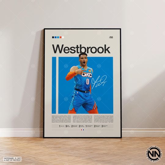 Russell Westbrook Poster, Oklahoma City Thunder OKC, Sports Poster, Mid Century Modern, Sports Bedroom Posters