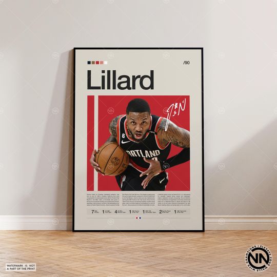 Discover Damian Lillard Poster, Portland Trail Blazers, Sports Poster, Mid Century Modern,  Basketball Gift, Sport Bedroom Poster