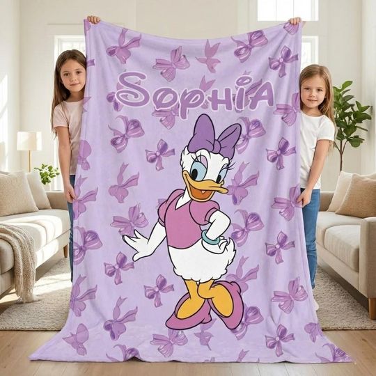 Discover Custom Name Purple Bow Duck Blanket, Cute Coquette Kids Throw, Personalized Girl Gift, Soft Birthday Blanket