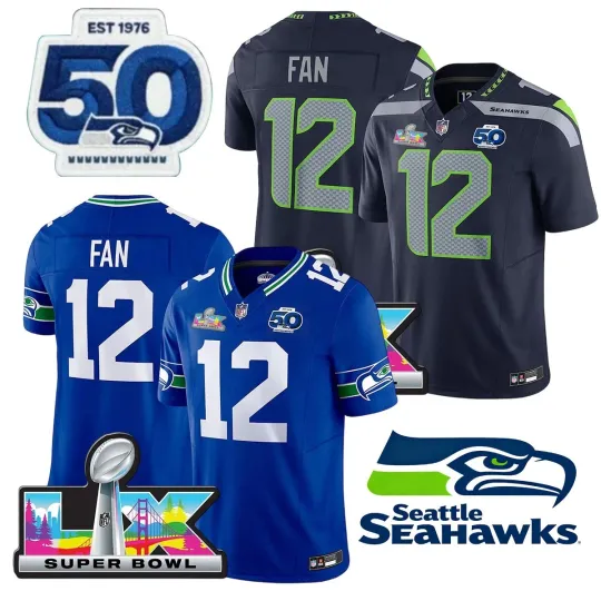 Discover Seahawks Men's #12 Fan 50th /Super Bowl LX Patch Game All Stitched Jersey