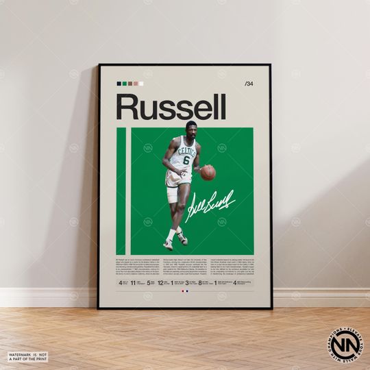 Bill Russell Poster, Boston Celtics Poster, Sports Poster, Mid Century Modern, Basketball Gift, Sports Bedroom Posters