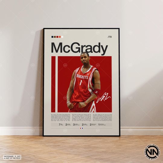 Tracy McGrady Poster, Houston Rockets, Sports Poster, Mid Century Modern, Basketball Gift, Sports Bedroom Posters