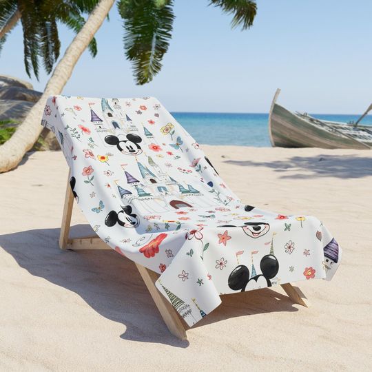 Discover Mickey Mouse Castle Floral Pattern Beach Towel | Disney Resort Print