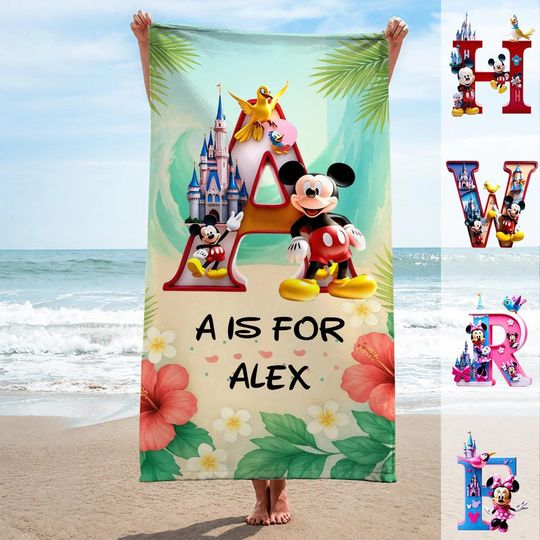 Discover Magic Alphabet Summer Vibe Beach Towel, Personalized Name Disney Towel, Custom Magic Castle Beach Towel, Mickey And Friends Beach Towel