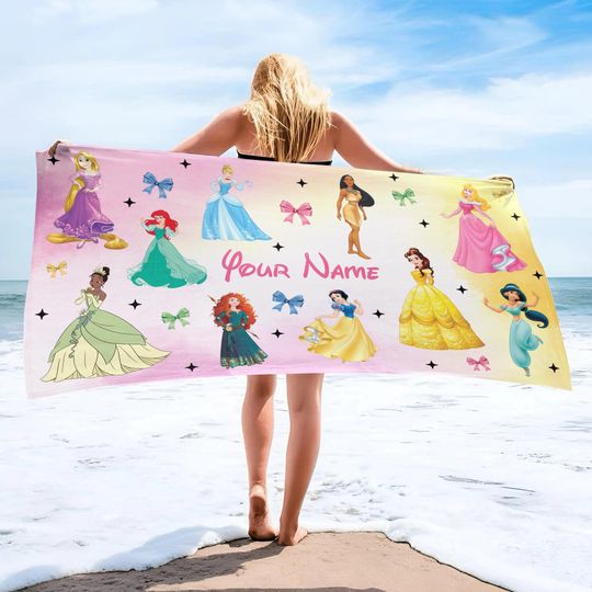Discover Custom Disney Princess Beach Towel, Custom Name Princess Towel, Birthday Girl Summer Vacation Gift, Bath Pool, Summer Vacation