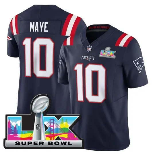 Patriostss Men's Drake Maye Navy Super Bowl LX Patch Carbon Fashion Game Jersey