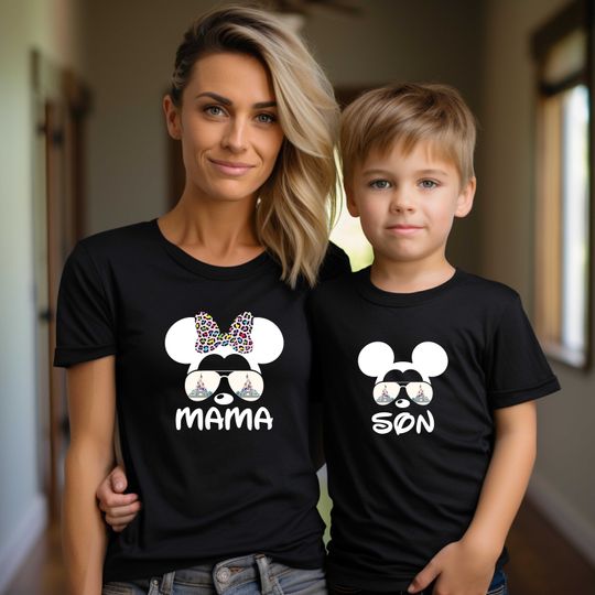 Discover Custom Disney Mama and Son Family Matching Vacation Shirts,Disneyland Castle, Mickey Sunglasses Gift for Mothers Day,Leopard Minnie Mama Tee
