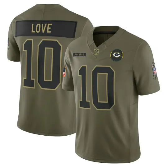 Discover Men's Packers #10 Jordan Love Olive 2025 Salute to Service All Stitched Jersey