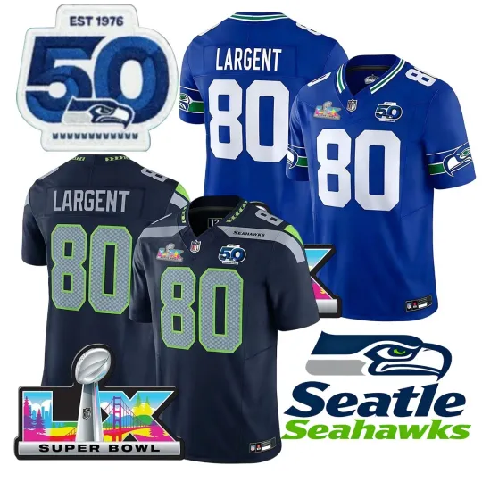 Discover Seahawks Men's #80 Steve Largent 50th /Super Bowl LX Patch Game Stitched Jersey