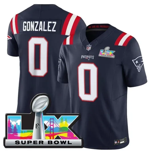 Discover Patriots Men's Christian Gonzalez Super Bowl LX Patch Carbon Fashion Game Jersey