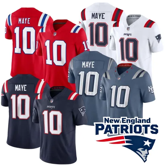 Discover NWT Men's Patriots #10 Drake Maye Limited Game Player All Stitched Jersey S-3XL
