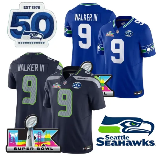 Seahawkss Men's #9 Kenneth Walker III 50th /Super Bowl LX Patch Game Jersey