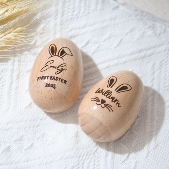 Wooden Easter Egg Shaker, Engraved Name Egg Shaker for Kids, Personalized Easter Gifts, Baby First Easter