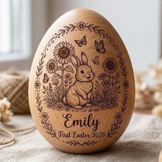 Personalized Wooden Baby First Easter Egg 2026 Bunny and Flower Engraved Wooden Toy for Kids
