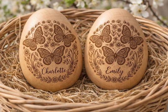 Personalized Wooden Easter Egg with Butterfly Engraving, Spring Decor for Kids and Gift Use