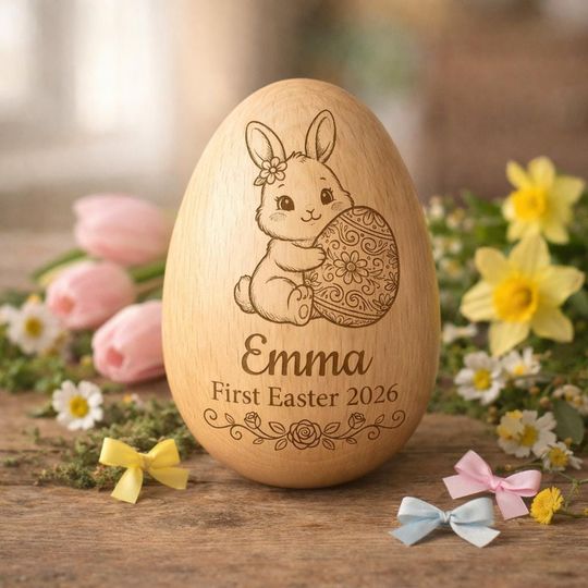 Discover Custom First Easter 2026 Wooden Egg, Personalized Baby Keepsake Gift, Engraved Wood Art, Grandparent Gift, Newborn Easter Basket Filler.