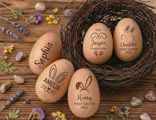 Discover Personalized Wooden Easter Egg Shaker, Custom Engraved Name, Baby First Easter Gift