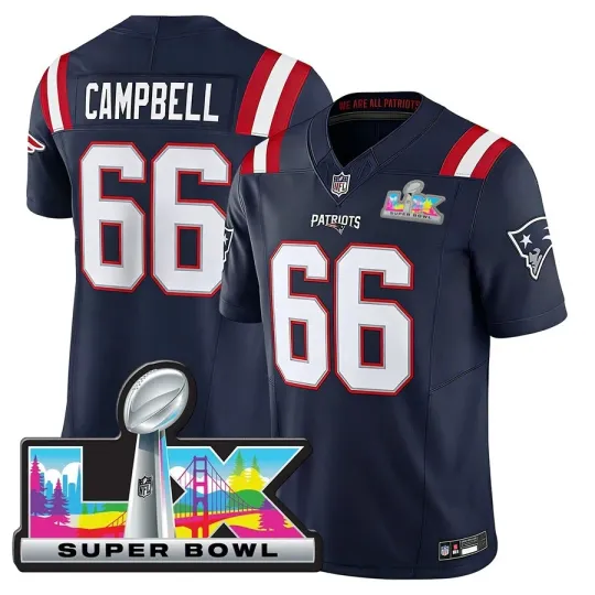 Discover Men's Patriotss Will Campbell Navy Super Bowl LX Jersey