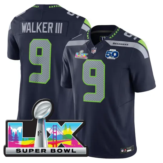 Discover Men's Kenneth Walker III Navy Super Bowl LX Patch  Stitched Jersey