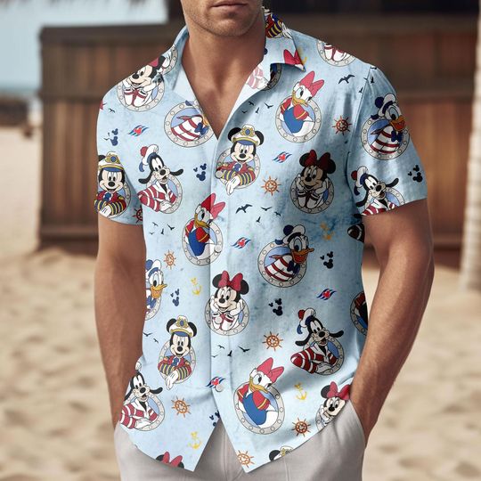 Discover Disney Nautical Hawaiian Shirt, Mickey Minnie Donald Button Shirt, Disney Nautical Cruise Character Button up Shirt, Cruise Vacation To