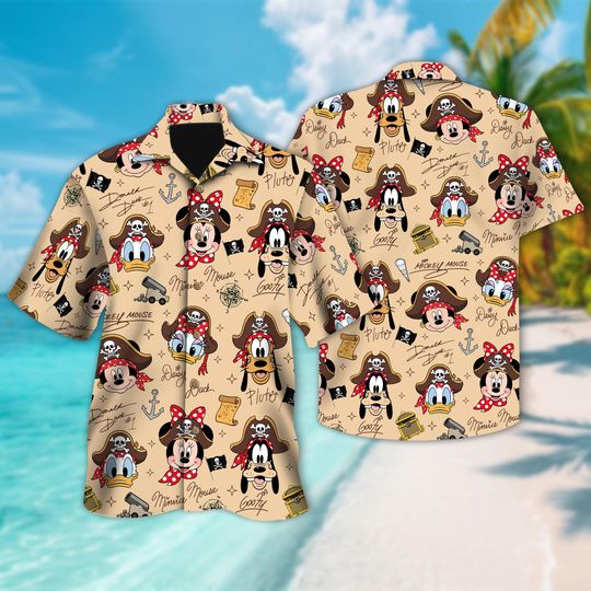 Discover Disney Mickey Pirate Signature Button Up, Mickey & Friends Button Up Holiday, Mickey Mouse Hawaii Shirt, Disney Summer Beach Hawaii Shirt