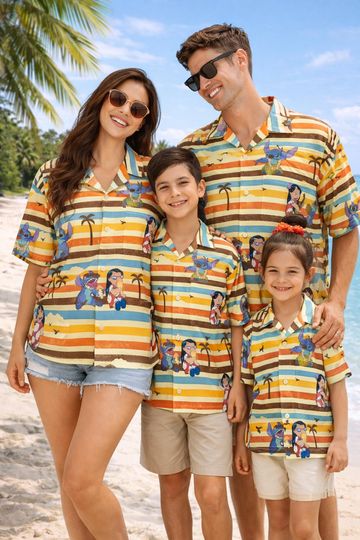 Discover Cute Lilo & Stitch Palm Tree Hawaiian Shirt, Disney Summer Beach Button Up Shirt, Fun Tropical Vacation Shirt, Matching Hawaii Shirt