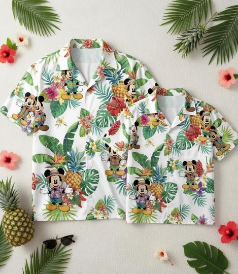 Discover Mickey Mouse Hawaiian Shirt, Pet Dog Cat Matching Mickey Hibiscus Pineapple Hat Print Button Up Aloha Shirt
