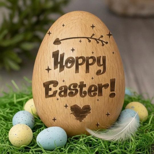 Hoppy Easter Wooden Egg Decor, Engraved Bunny Easter Basket, Rustic Spring Farmhouse Decor