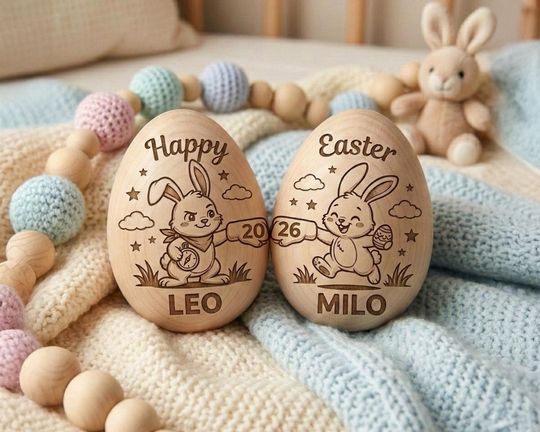 Discover Personalized Wooden Easter Eggs, Engraved Bunny Keepsake Set, Custom Name Gift