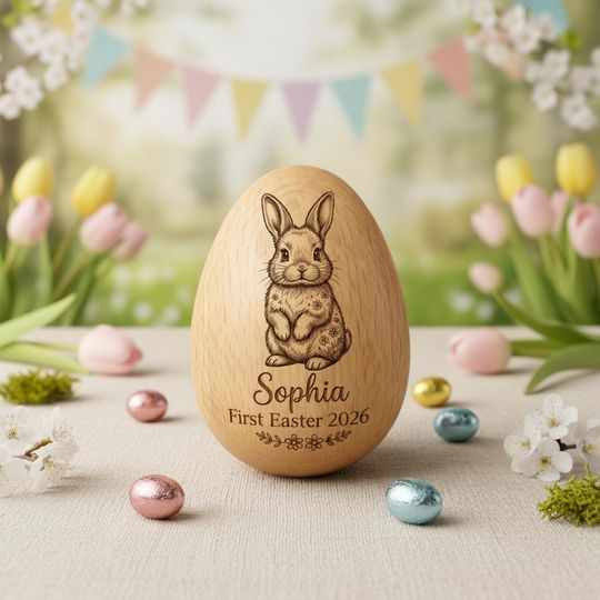 Discover Personalized Wooden Easter Egg, Custom Engraved Baby First Easter Keepsake Gift 2026, Toddler Basket Stuffer & Decor