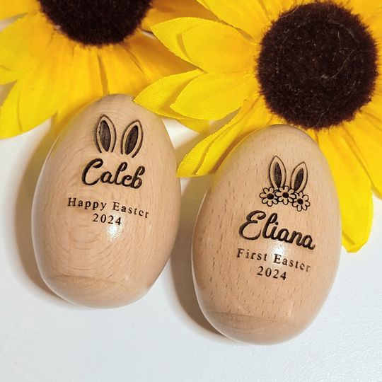 Personalized Shaker Easter Eggs Percussion Wood Easter Eggs Easter Bunny Ears & Name Happy Easter First Easter Easter Basket Stuffers