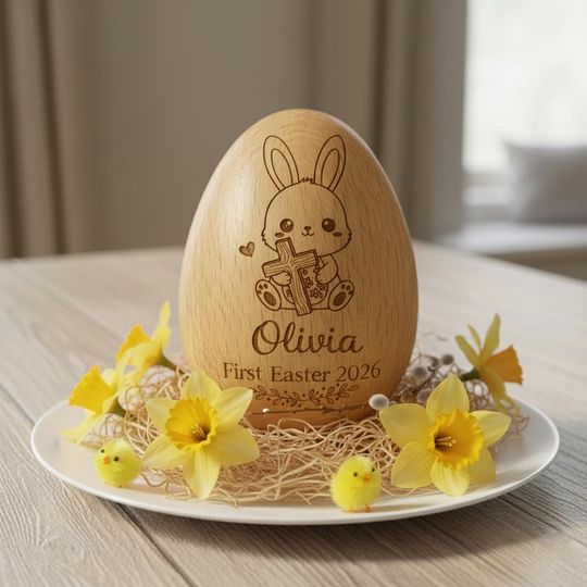 Personalized Musical Easter Egg Shaker, Custom Wooden Bunny Egg Cup, Engraved Baby First Easter Gift, Kids Easter Basket Filler Toy