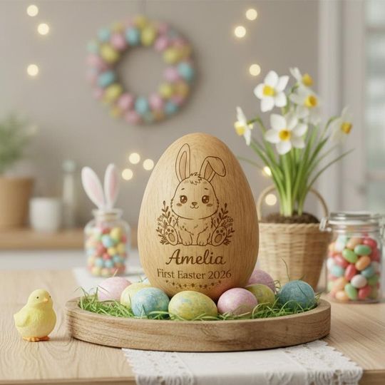 Personalized Bunny Wooden Easter Egg, Custom Engraved Egg Shaker, Baby First Easter Gift, Kids Easter Basket Toy
