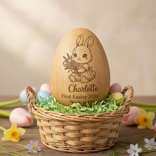 Discover Custom Engraved Easter Egg Shaker, Personalized Wooden Bunny Egg Cup, Baby First Easter Gift, Kids Musical Egg Toy, Easter Basket Keepsake