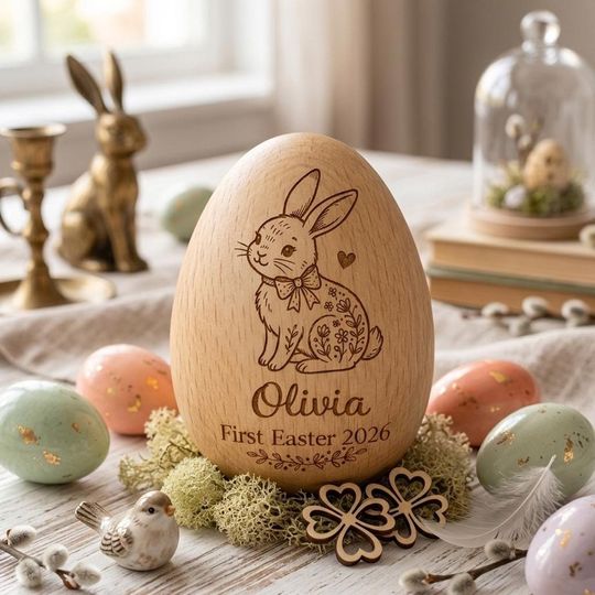 Personalized Wooden Easter Egg Shaker, Custom Bunny Egg Cup, Engraved Baby First Easter Keepsake, Kids Easter Basket Gift