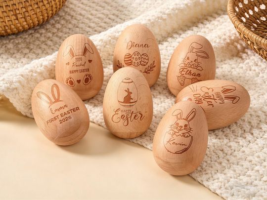 Discover Personalized Wooden Easter Egg Shaker, Custom Engraved Wood Toy, Baby First Easter Basket Filler