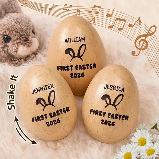 Discover Custom Name Musical Wooden Easter Egg Shaker, Personalized Baby's First Easter 2026 Basket Stuffer, Montessori Wood Sensory Toy for Toddlers