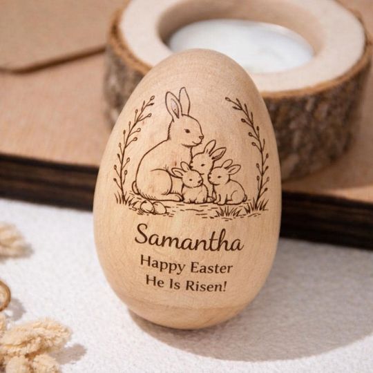 Custom Name Christian Easter Wooden Egg, Custom Bunny Egg Gift For Kids, Baby First Easter Gift