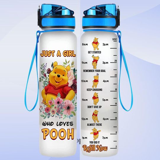 Pooh Bottle, Just a Girl Who Loves Pooh Water Tracker Bottle 32oz, Floral Disney Gift, Personalized Name Option