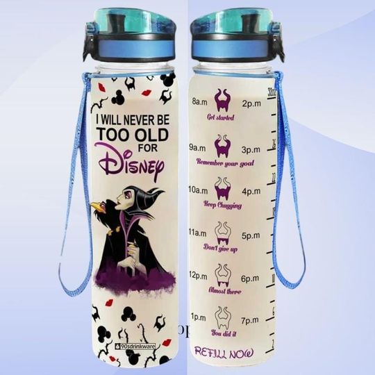 Discover Maleficent Water Bottle 32oz, I Will Never Be Too Old For Disney, Personalized Name Hydration Gift, Disney Bottle