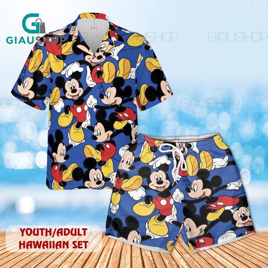 Discover Disney Mickey Mouse Blue Hawaiian Shirt Set, Classic Mickey All Over Print Hawaiian Shirt and Shorts, Youth Adult Summer Outfit