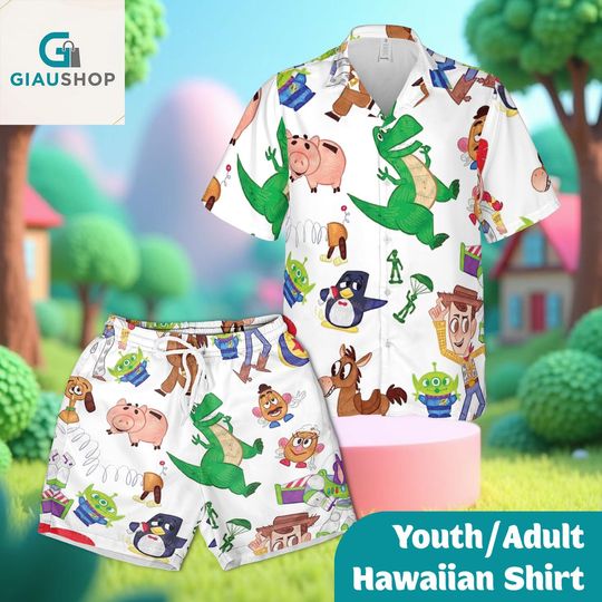 Discover Cartoon Toy Hawaiian Shirt and Shorts Set, Youth and Adult Matching Summer Outfit, Fun Character Beach Wear Set