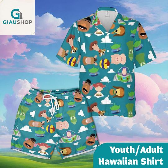 Discover Cartoon Hawaiian Shirt and Shorts Set, Youth and Adult Matching Summer Outfit, Fun Space Cowboy Character Beach Wear