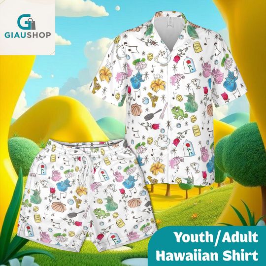 Beauty and the Beast Hawaiian Shirt and Shorts Set, Cartoon Fairytale Summer Outfit, Youth Adult Matching Vacation Set