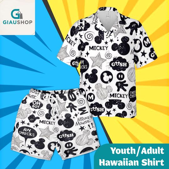 Discover Black and White Cartoon Mouse Hawaiian Shirt and Shorts Set for Youth & Adults  Fun Graphic Summer Outfit, Casual Vacation Beachwear