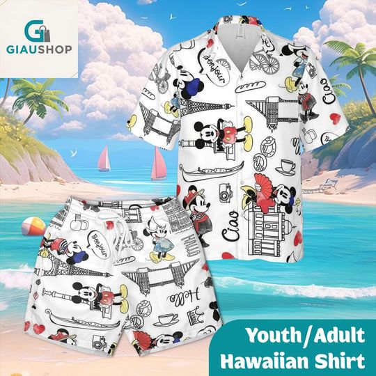 Discover Travel Cartoon Mouse Hawaiian Shirt and Shorts Set for Youth & Adults  Fun Vacation Print, Summer Beach Outfit, Casual Matching Set