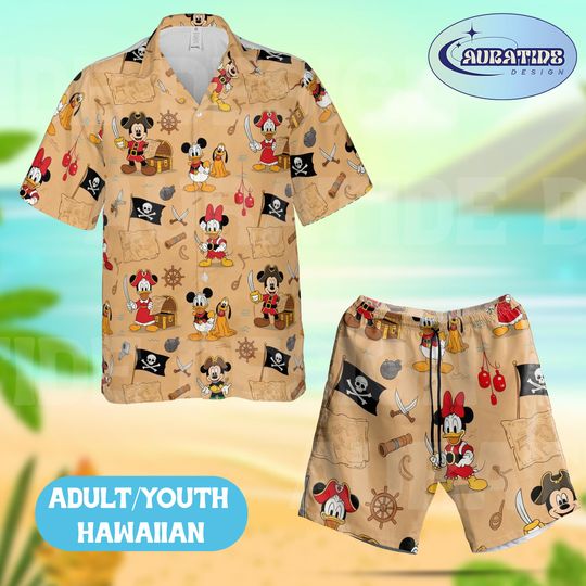 Discover Mickey Mouse Pirate Hawaiian Shirt Shorts Set, Disney Treasure Map Beach Outfit, Donald Minnie Captain Summer Aloha Wear Adult Youth Gift