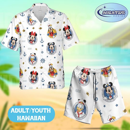 Discover Mickey Mouse Sailor Hawaiian Shirt Shorts Set, Disney Cruise Porthole Beach Outfit, Donald Minnie Goofy Nautical Summer Aloha Wear Adult