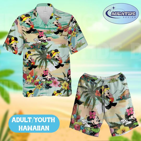 Discover Mickey and Minnie Mouse Hawaiian Party Shirt Shorts Set, Disney Luau Tropical Fruit Beach Outfit Adult Youth, Magical Summer Aloha Wear